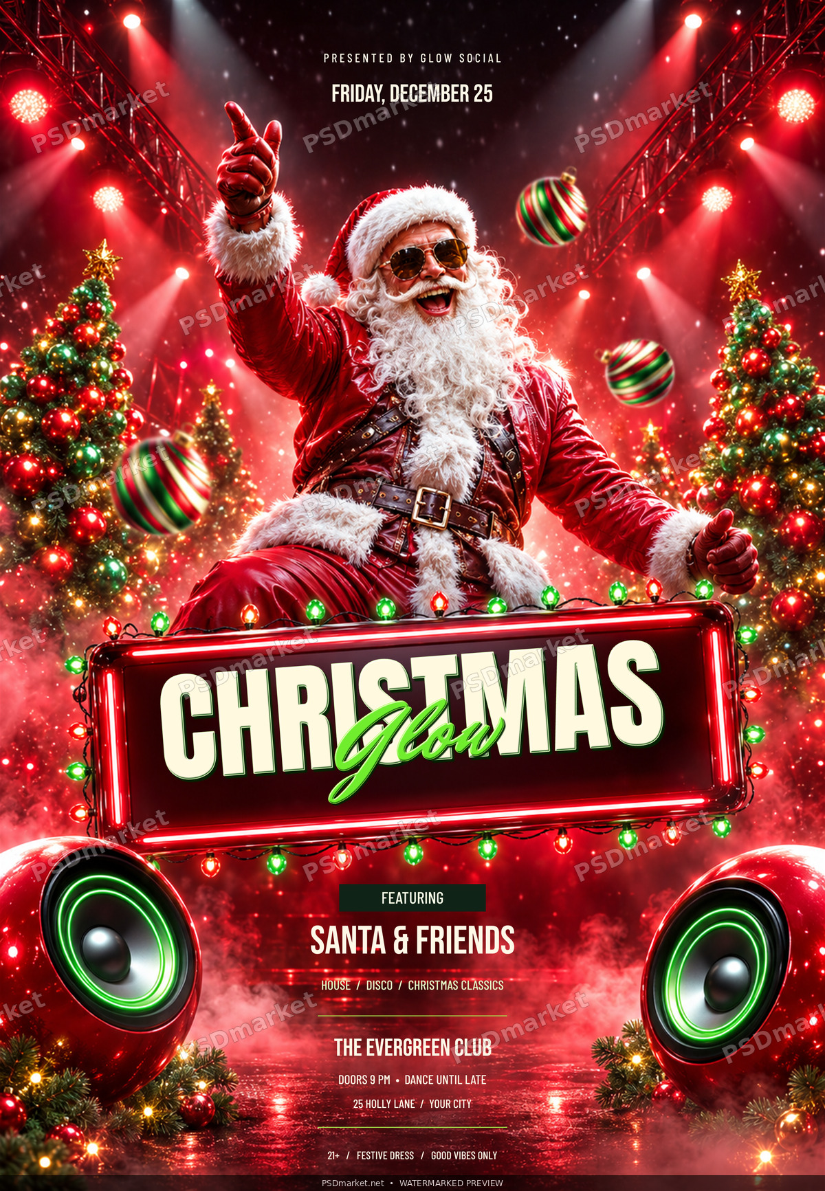 Christmas Glow Santa party flyer with red plaque, green lettering and festive lights, protected PSDmarket preview