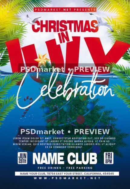 Christmas in July flyer with red headline, tropical leaves, underwater tree and preview watermarks