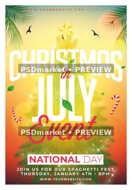 Tropical Christmas in July flyer with a glowing tree, palm leaves, white headline, red script and warm background