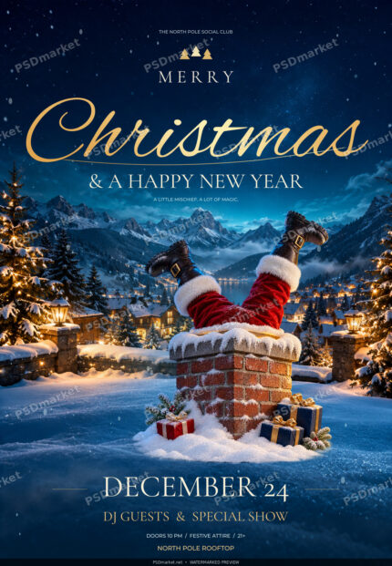 Christmas Mischief snowy Santa and chimney party flyer with gold script title; protected preview