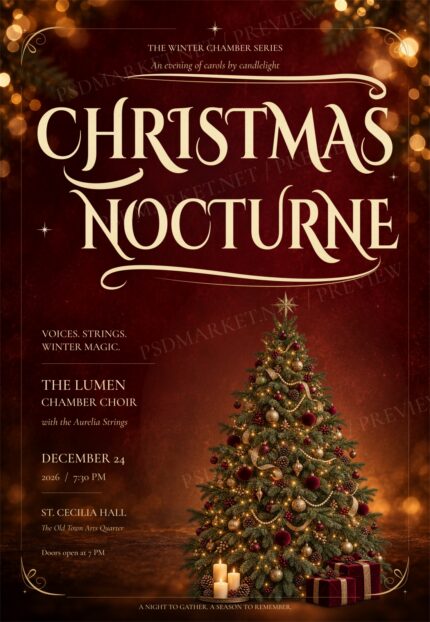 Christmas Nocturne Christmas concert flyer with gold editable typography, burgundy background, Christmas tree and candles. Protected PSDmarket preview.