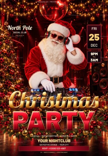 Watermarked Christmas party flyer with Santa DJ, red disco ball, festive lights and gold-and-red editable headline