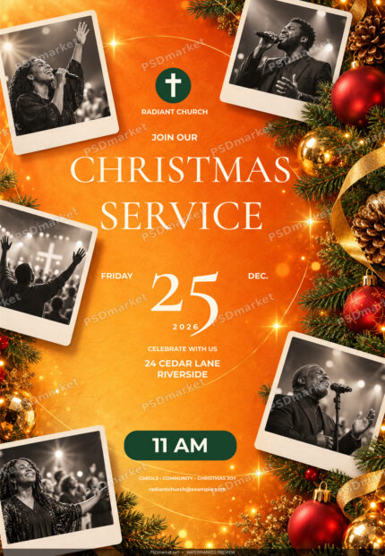 Watermarked Christmas service invitation with an orange-and-gold background, cream serif lettering, church crest, evergreen ornaments and five monochrome worship photo cards.