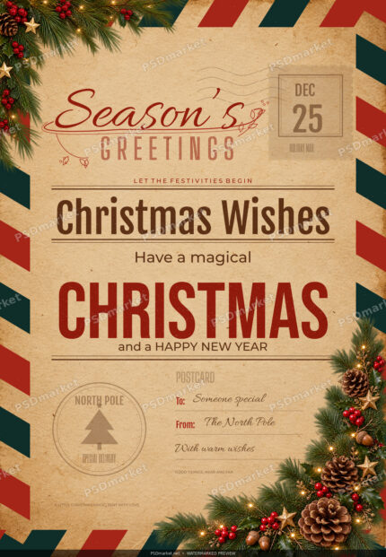 Watermarked revised Christmas Wishes vintage postcard flyer with aged paper, festive lettering, postal details and evergreen decoration