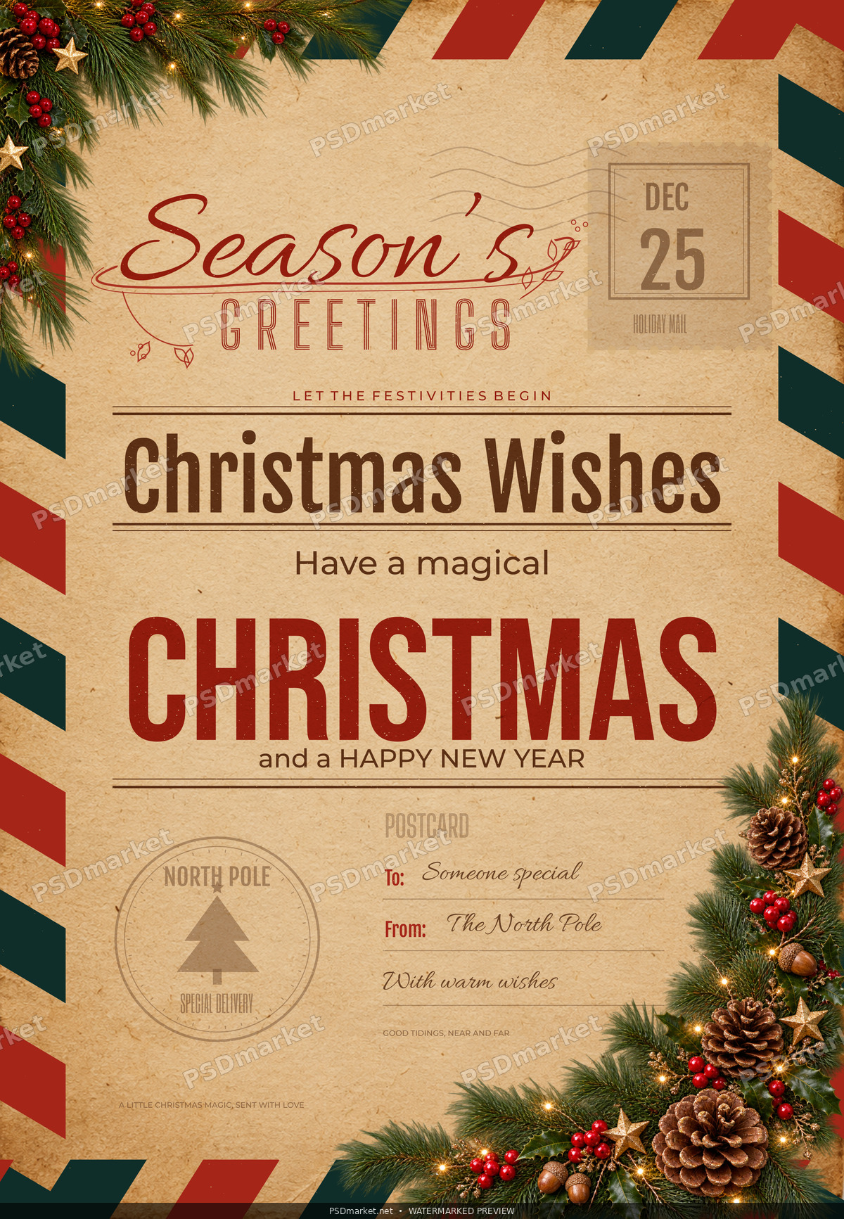 Watermarked revised Christmas Wishes vintage postcard flyer with aged paper, festive lettering, postal details and evergreen decoration