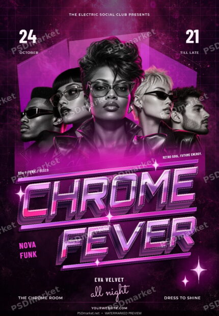 Chrome Fever V2 retro disco club flyer with five fashion portraits, dimensional pink chrome title, magenta lighting and PSDmarket preview watermarks.