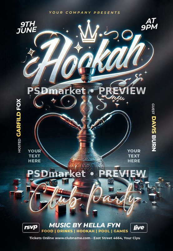 Chrome Hookah Club Party Flyer PSD Template — PSD template preview