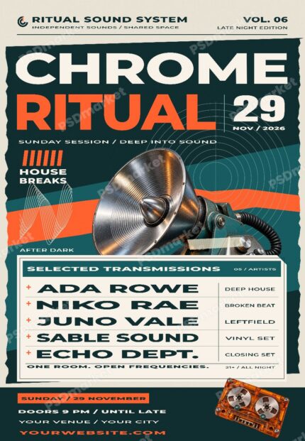 Chrome Ritual Electronic Music Sunday Session Flyer PSD Template with PSDmarket preview watermark
