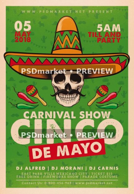 Cinco De Mayo Sombrero Skull Flyer with two horizontal PSDmarket preview watermarks