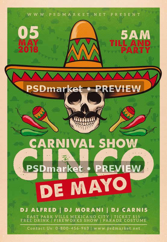 Cinco De Mayo Sombrero Skull Flyer PSD Template — PSD template preview