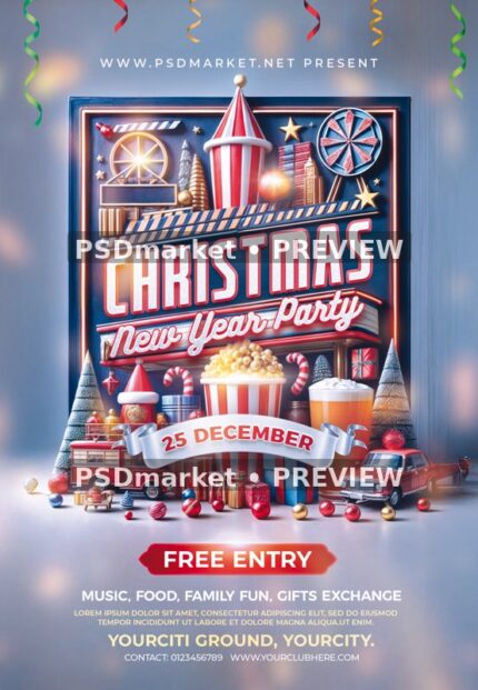 Cinema Marquee Christmas New Year Flyer PSD Template — reduced watermarked source artwork preview