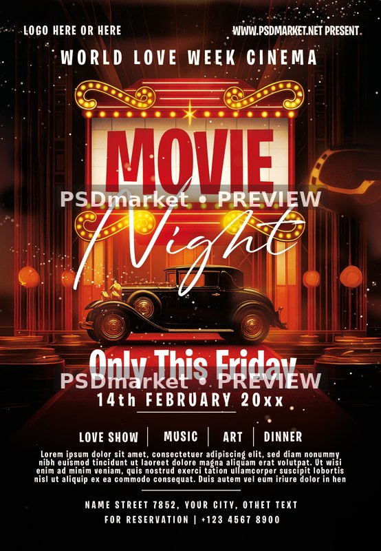 Cinema Marquee Classic Car Movie Night Flyer PSD Template — PSD template preview