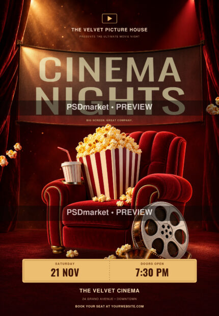 Cinema Nights movie screening flyer with a curved cinema screen, red velvet chair, popcorn, drink and film reel; protected PSDmarket preview