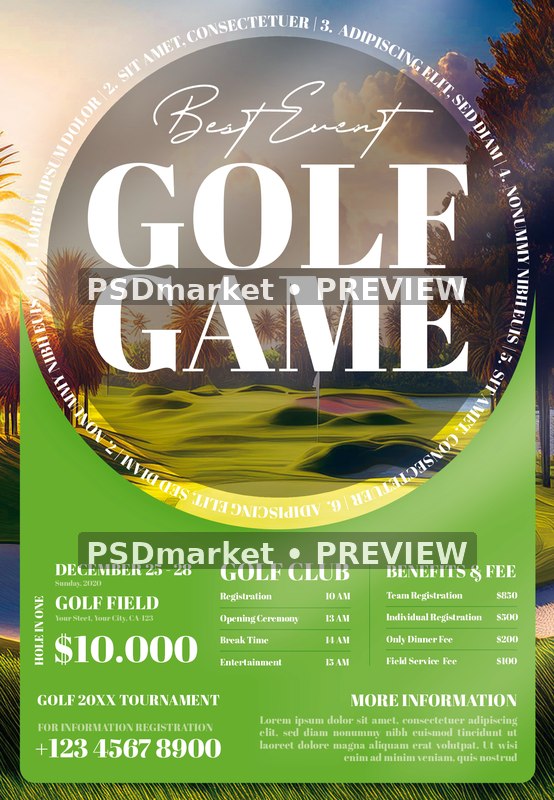 Circular Fairway Golf Game Flyer PSD Template — PSD template preview