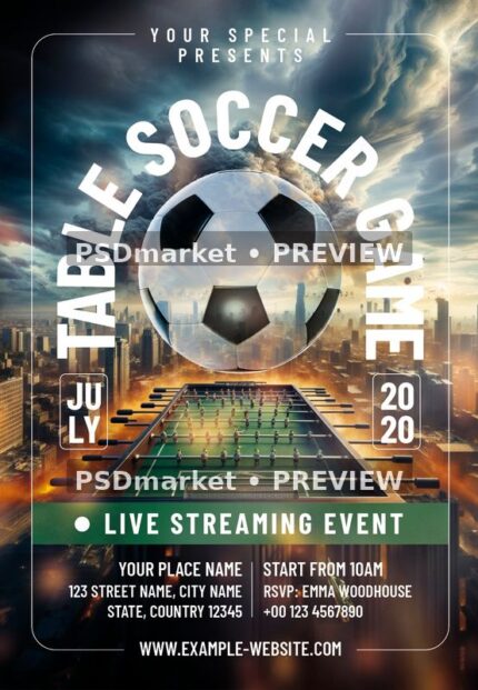 City Skyline Table Soccer Game Flyer PSD Template — PSD template preview