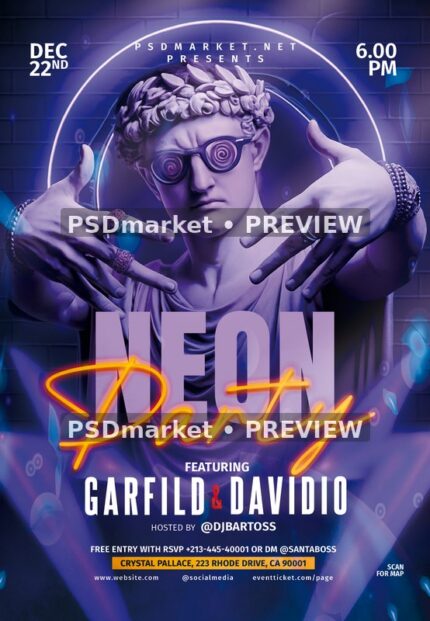Classical Statue Neon Party Flyer — reduced watermarked preview of the supplied artwork