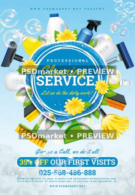 Cleaning Service Blue Bubble Flyer with two horizontal PSDmarket preview watermarks