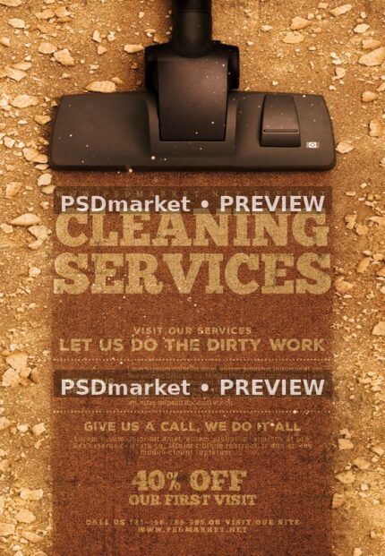 Brown cleaning services flyer with a vacuum head, textured carpet, bold tan lettering and two horizontal PSDmarket preview watermarks
