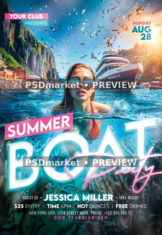 Cliffside Yacht Summer Boat Party Flyer PSD Template — PSD template preview