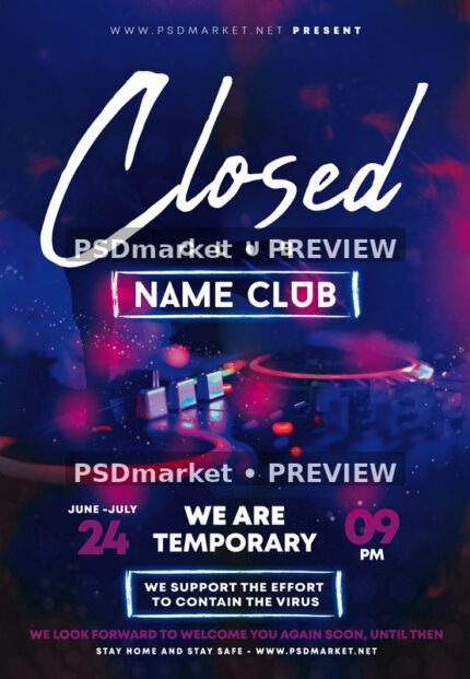 Closed Club Blue DJ Deck Notice Flyer with two horizontal PSDmarket preview watermarks