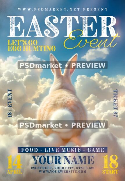 Cloud Bunny Easter Event Flyer PSD Template — PSD template preview