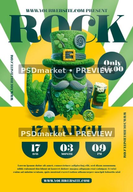 Green and yellow rock-party flyer with clover-bearded character wearing sunglasses and headphones, displayed with two horizontal preview watermarks