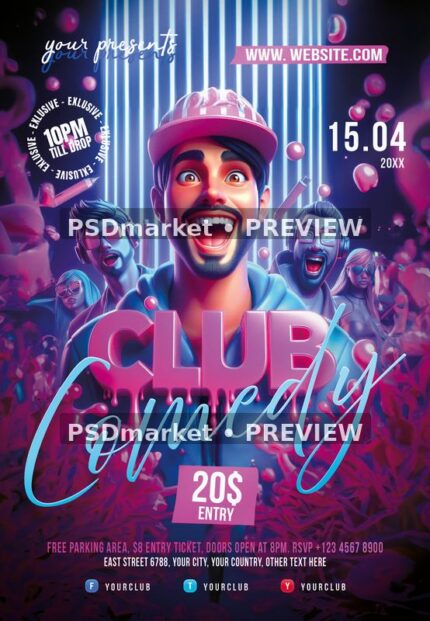 Club Comedy flyer with laughing illustrated crowd, pink dimensional title, purple background and blue light bars.