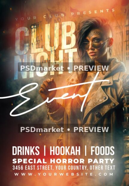 Club Night Amber Portrait Flyer PSD Template — PSD template preview