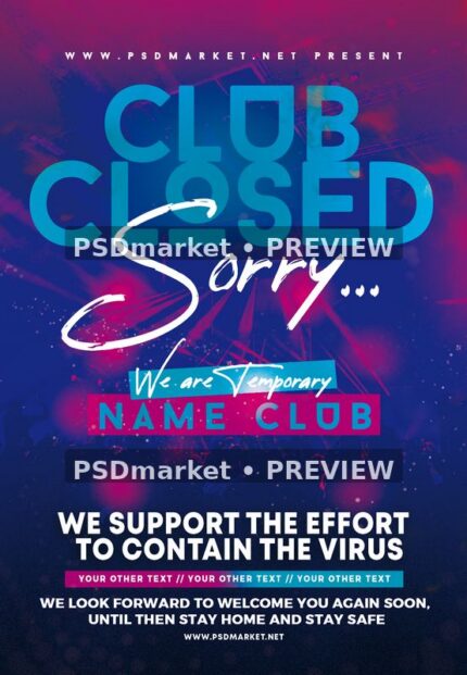 Club Temporarily Closed Notice Flyer PSD Template — PSD template preview