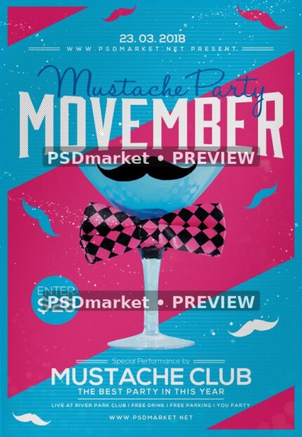Cocktail Bow Tie Movember Mustache Party Flyer PSD Template — reduced watermarked source artwork preview