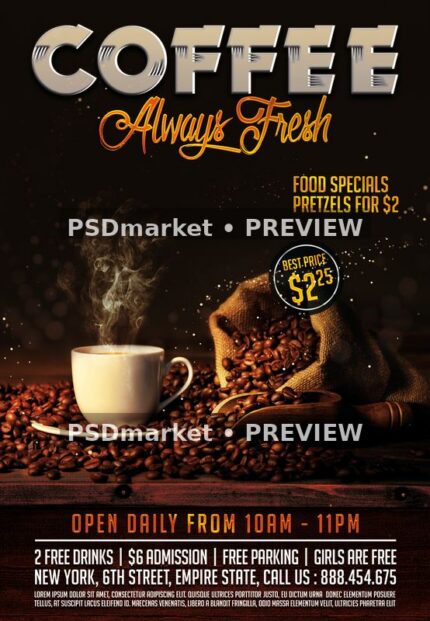 Coffee Always Fresh cafe flyer with a steaming cup, beans, burlap sack and two horizontal PSDmarket preview watermarks