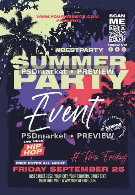 Color Splash Tropical Summer Party Flyer PSD Template — PSD template preview