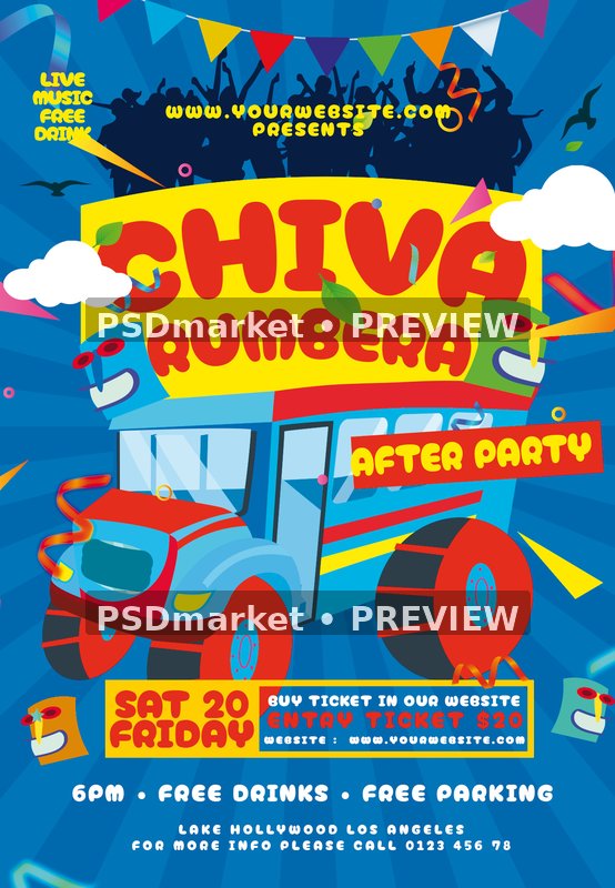 Colorful Party Bus Chiva Rumbera Flyer PSD Template showing a colorful illustrated party bus sits beneath chunky red chiva rumbera lettering on bright yellow panels with two PSDmarket preview watermarks