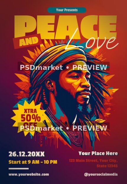 Red Peace and Love flyer with colorful illustrated male portrait, yellow headline and discount starburst