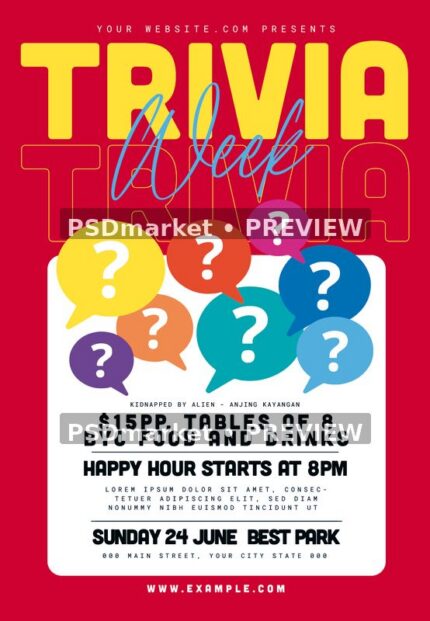 Red Trivia Week flyer with large yellow title, blue script, colorful question bubbles and rounded white information panel