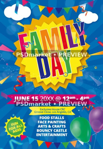 Colorful Starburst Family Day Flyer PSD Template — PSD template preview