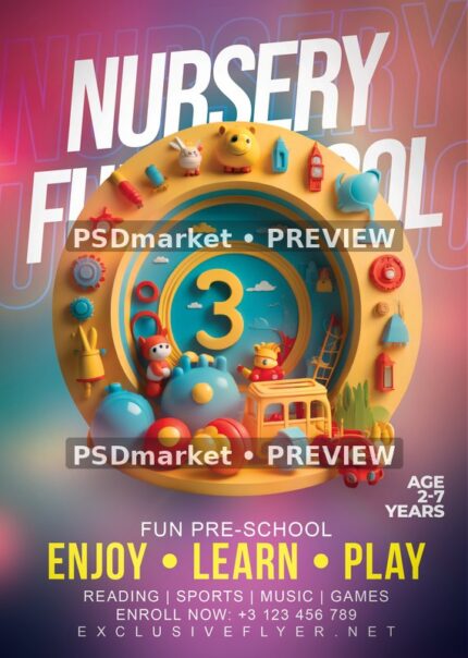 Colorful Toy Ring Nursery School Flyer PSD Template — PSD template preview