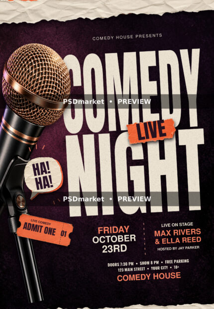 Comedy Night Coral Stand-Up Flyer PSD Template — PSD template preview