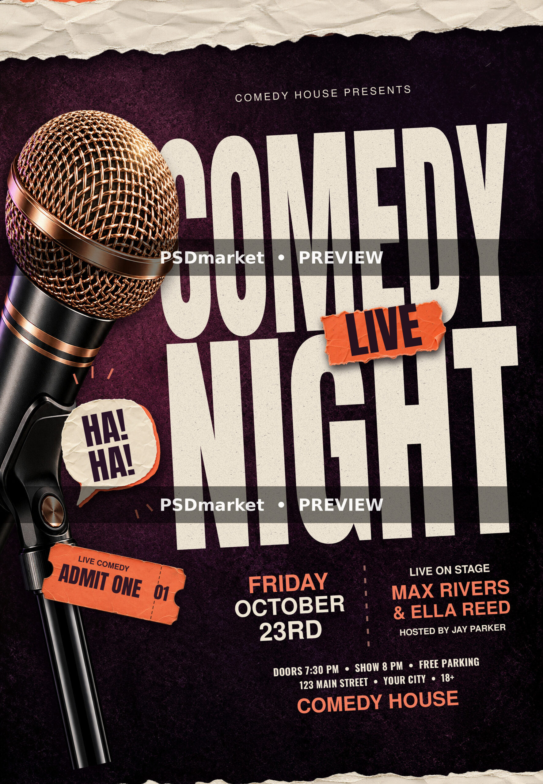 Coral and cream Comedy Night flyer with a copper microphone, torn paper tickets and editable stand-up event text.