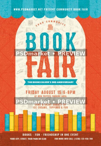 Teal and orange Book Fair flyer with an awning, illustrated shelf of books, and two PSDmarket preview watermarks