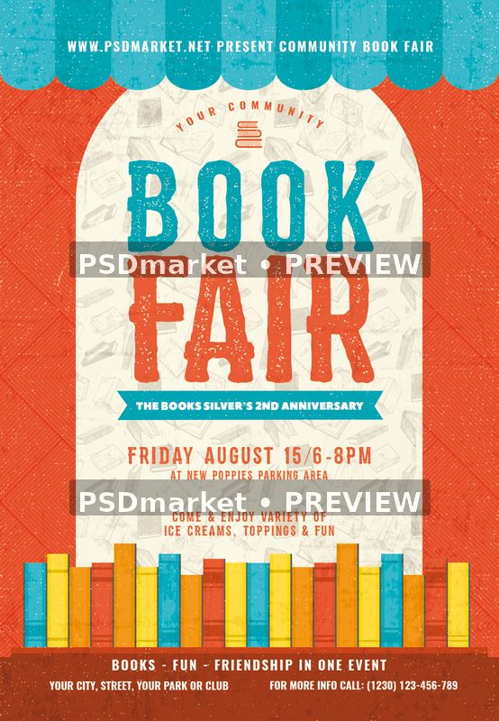 Community Book Fair Illustrated Shelf Flyer PSD Template — PSD template preview