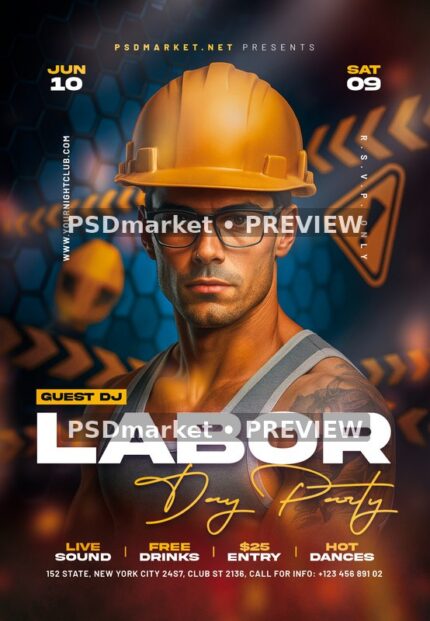 Construction Worker Labor Day Party Flyer — reduced watermarked preview of the supplied artwork