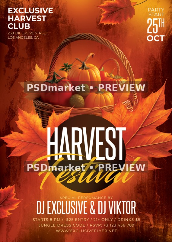 Copper Leaves Harvest Basket Festival Flyer PSD Template — PSD template preview
