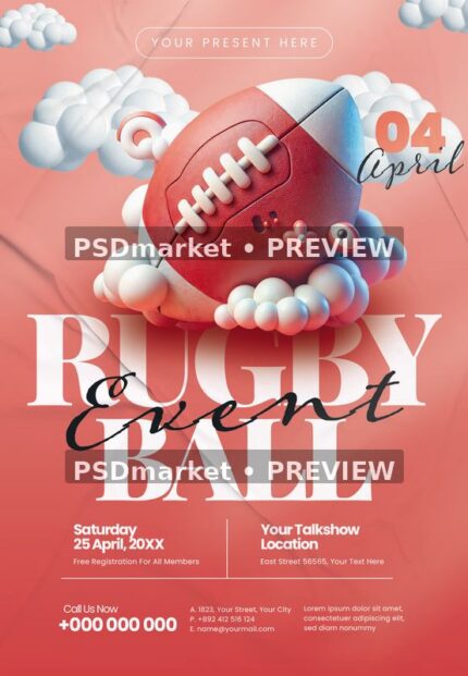 Coral Cloud Rugby Ball Event Flyer PSD Template — PSD template preview