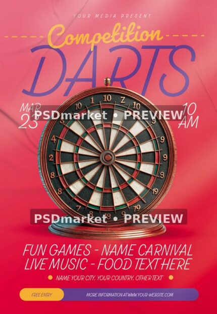 Coral Dartboard Competition Flyer PSD Template — PSD template preview