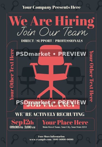 Charcoal recruitment flyer with coral office chair and We Are Hiring heading, displayed with two horizontal preview watermarks