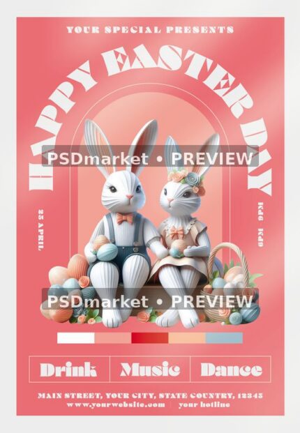 Coral Happy Easter Day flyer with dressed rabbit couple, baskets of pastel eggs and curved white headline. Two horizontal PSDmarket preview watermarks.