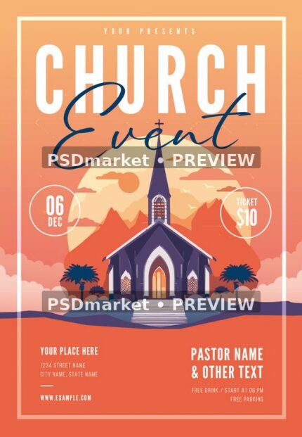Coral church event flyer with navy chapel, warm sunset, mountains and circular date badges. Two horizontal PSDmarket preview watermarks.