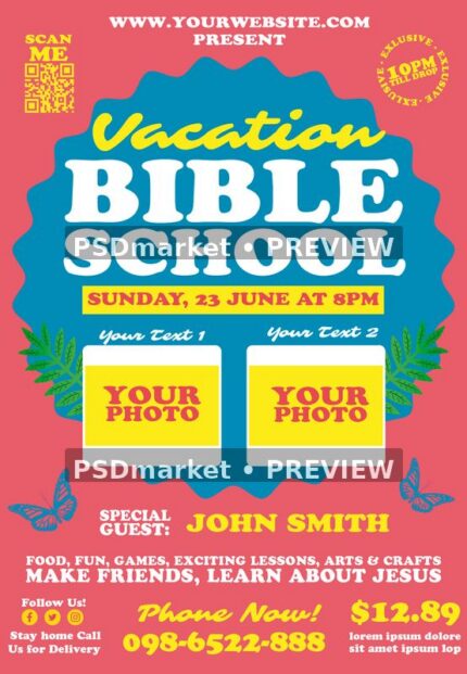 Coral Vacation Bible School flyer with turquoise panel, yellow photo placeholders and two preview watermarks