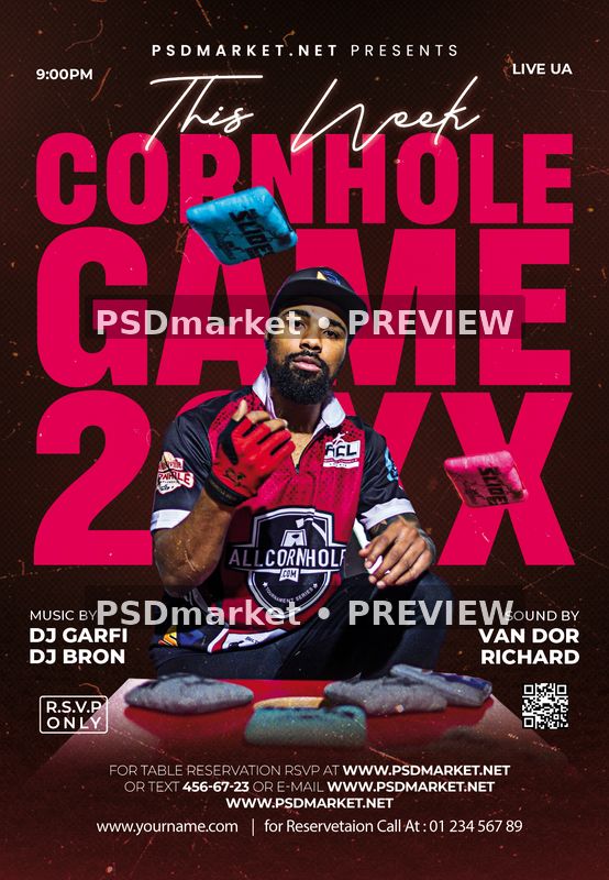 Cornhole Game Magenta Player Portrait Flyer PSD Template — PSD template preview